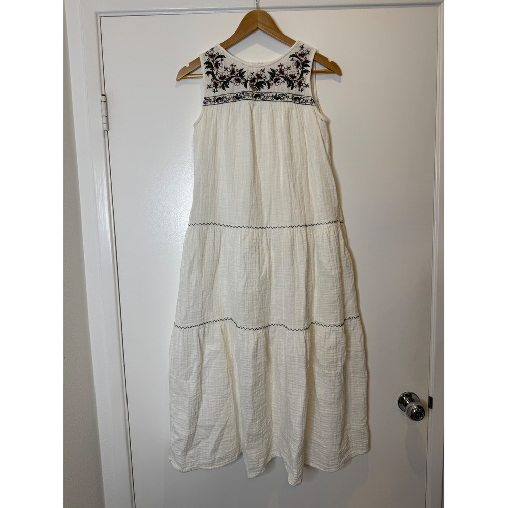 Womens XS Embroidered Cotton Gauze Tiered Midi Cottagecore Coquette Dress Chic